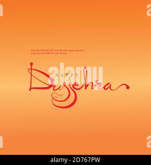 Joyeux Dussehra salutations par calligraphie lettering sur fond orange. Festival indien de Dussehra. Illustration de Vecteur