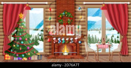 Intérieur de Noël de la chambre avec arbre, fenêtre, cadeaux et cheminée décorée. Bonne décoration de nouvel an. Joyeux noël. Nouvel an et fête de Noël. Illustration vectorielle style plat Illustration de Vecteur