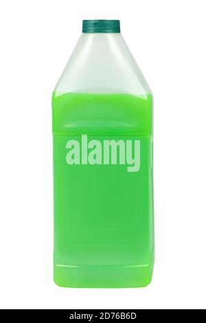 Antigel vert dans un bidon de 1 litre. Liquide de nettoyage non gelé. Il existe des emplacements pour une étiquette. Vue frontale. Banque D'Images