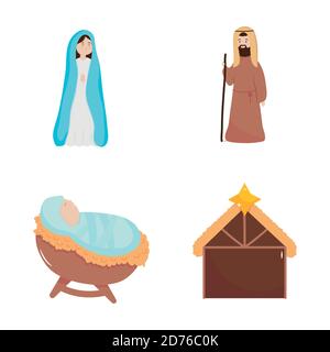 nativité, la sainte vierge marie joseph bébé jésus et les icônes de cabane illustration vectorielle Illustration de Vecteur