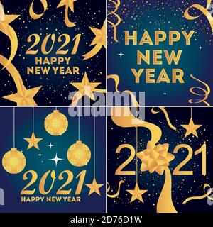 2021 bonne année de texte en or chiffres boules étoiles et confetti fête fête scénario illustration Illustration de Vecteur