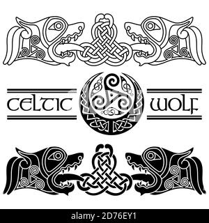 Wolfs dans le style celtique, le modèle celtique et la lune celtique Illustration de Vecteur
