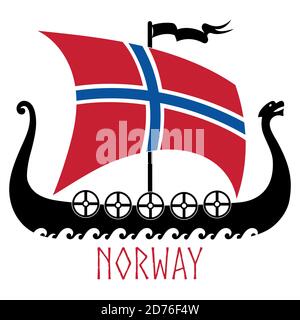 Navire de guerre des Vikings - Drakkar et drapeau norvégien Illustration de Vecteur