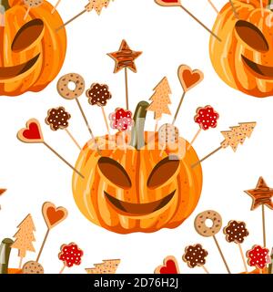 Motif sans couture avec les citrouilles et les biscuits Illustration de Vecteur