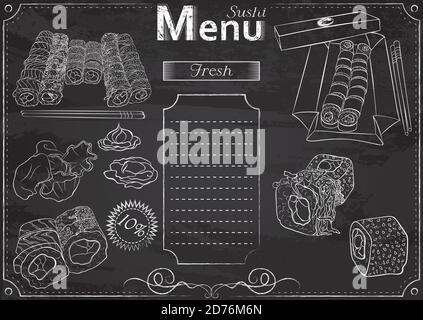 Modèle vectoriel avec éléments sushi pour menu stylisé comme dessin de craie sur tableau noir.Design pour un restaurant, un café ou un bar. Cuisine japonaise traditionnelle. Illustration de Vecteur