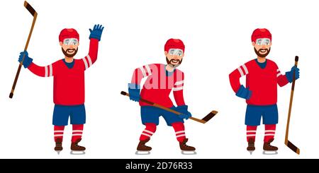 Joueur de hockey dans différentes poses. Personnage masculin de style dessin animé. Illustration de Vecteur