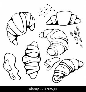 Ensemble de croissants de contour et divers types de garniture. Noix, graines de sésame, chocolat et sirop. Pâtisseries françaises. Petit déjeuner. Noir vectoriel et W Illustration de Vecteur