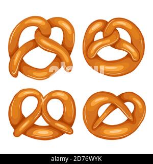 Ensemble de divers bretzels de dessins animés. Les objets sont séparés de l'arrière-plan. Hors-d'œuvre allemand. Gâteries pour les vacances. Produit de boulangerie. Objet vectoriel pour Illustration de Vecteur