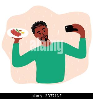 Black african homme alimentation blogger faisant photo selfie avec deux saucisses et moutarde et ketchup sauces et romarin pour blog. Mignon garçon avec Illustration de Vecteur