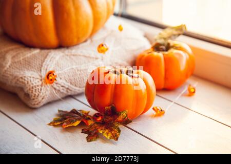 Persimmon sur le rebord de la fenêtre avec la citrouille, les chandails en laine chaude et les feuilles d'érable. Banque D'Images