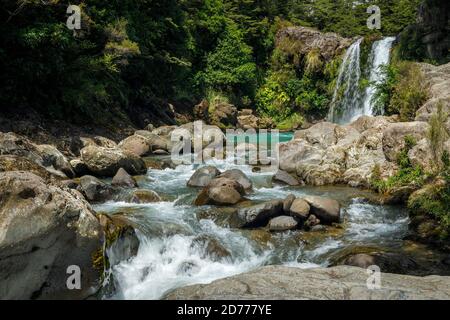 Tawhai Falls, ou Gollum's Pool, aujourd'hui un lieu de tournage bien connu pour Lord of the Rings, dans le parc national de Tongariro, Île du Nord, Nouvelle-Zélande. Banque D'Images