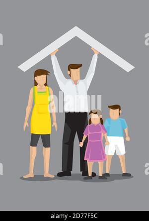 Homme de dessin animé tenant un toit au-dessus de sa famille avec sa femme, son fils et sa fille. Illustration vectorielle du concept sur l'homme soutenant la famille isolée sur le gris b. Illustration de Vecteur
