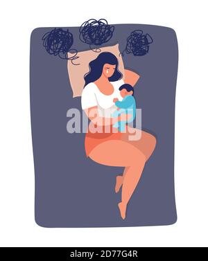 Illustration de concept sur la dépression post-partum, l'inquiétude, et l'anxiété d'une jeune maman. La femme dort avec l'enfant sur le lit et pleure. Illustration vectorielle isolée sur fond blanc Illustration de Vecteur