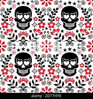 Le crâne et les fleurs Mexiques vector sans couture, Halloween et le jour des morts motif floral répétitif en noir et rouge sur fond blanc - folk Illustration de Vecteur