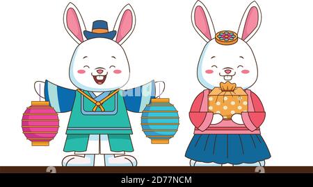 lapins chinois couple avec des lampes et des personnages cadeau illustration vectorielle conception Illustration de Vecteur
