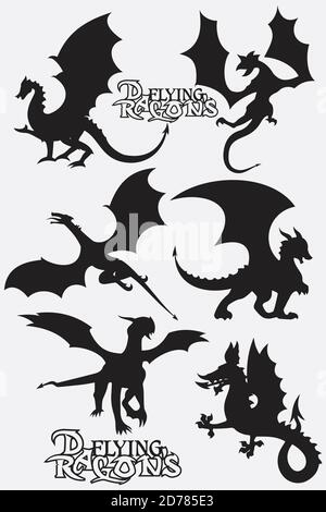 Ensemble d'illustrations vectorielles stylisées noires représentant des éléments de silhouettes volants de dragons. Dragons vectoriels de conception. Illustration vectorielle EPS.8 EPS.10 Illustration de Vecteur