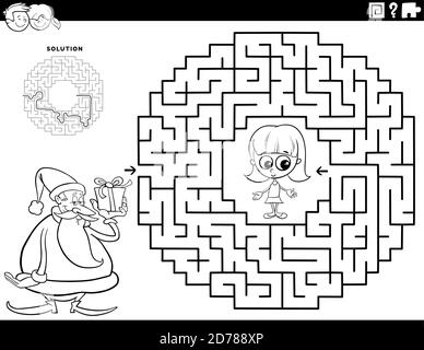 Dessin-modèle noir et blanc Illustration du jeu de Puzzle Maze éducatif Pour les enfants avec le Père Noël avec le livre de coloriage de cadeau de Noël Page Illustration de Vecteur