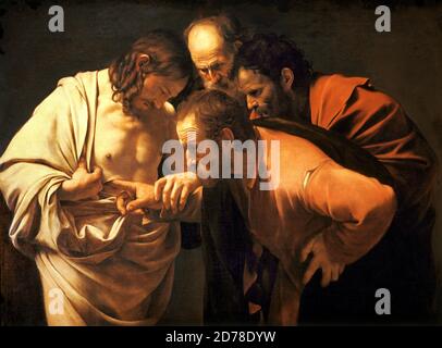 Titre: L'incrédulité de Saint Thomas Créateur: Michel-Ange Caravaggio Date: 1602-03 Moyen: Huile sur toile Dimensions: 107 x 146 cm emplacement: Schloss Sanssouci, Potsdam Banque D'Images