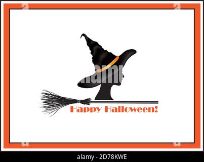 Carte de voeux pour Halloween avec lettrage Happy Halloween et sorcière dans le chapeau et les chauves-souris silhouettes sur fond blanc Illustration de Vecteur