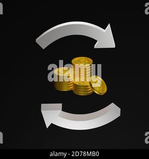 Pièces de monnaie et flèches sur fond noir. Remboursement. Argent sur pièces. Pile de pièces. Actifs d'origine. Illustration 3D Banque D'Images