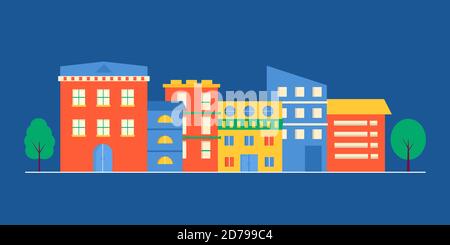 Paysage de petites maisons modernes façade avec fenêtre, garage, balcon et toit. Extérieur du bâtiment appartement avec arbres. Rapport d'illustration de paysage urbain vectoriel Illustration de Vecteur