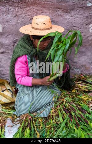 24 février 2020 : femmes portant des vêtements traditionnels et vendant des plants de maïs dans la rue. Potos’, Bolivie Banque D'Images