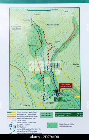 Panneau d'information pour les visiteurs et carte des sentiers de randonnée dans les montagnes Galtee, comté de Limerick, Irlande Banque D'Images