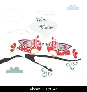 Deux oiseaux assis sur une branche dire 'Bonjour' d'hiver. Bonjour l'hiver avec carte cartoon un oiseaux sur une branche couverte de neige. Fond d'hiver. Ca souhaits Illustration de Vecteur