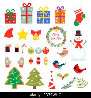 Ensemble d'éléments de Noël isolés sur fond blanc. Illustration de Vecteur