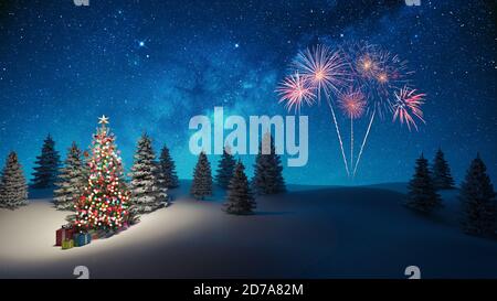 Arbre de Noël décoré en hiver nuit arrière-plan 3d rendu 3d illustration Banque D'Images