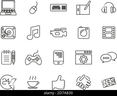 Freelance Business Icons Noir & blanc Thin Line Set Big Illustration de Vecteur