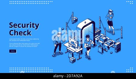Bannière de contrôle de sécurité. La police contrôle la sécurité dans le terminal de l'aéroport avant d'embarquer. Page d'accueil Vector avec point de contrôle isométrique avec tapis transporteur de bagages et cadre de détection de métal Illustration de Vecteur