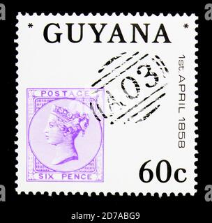 MOSCOU, RUSSIE - 26 NOVEMBRE 2017 : un timbre imprimé en Guyane montre la reine Victoria six pence 1856, Grande-Bretagne utilisation postale en Guyane britannique, 150e A. Banque D'Images