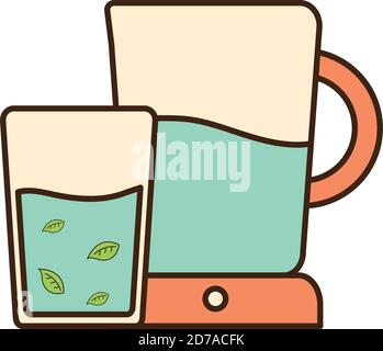 pot à thé et verre avec feuilles ligne et style de remplissage motif vectoriel d'icônes Illustration de Vecteur