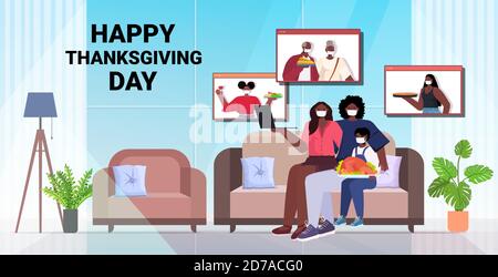 parents et enfants discutant avec les grands-parents pendant les appels vidéo de la famille célébration heureuse fête de thanksgiving communication en ligne auto-isolation concept horizontal illustration vectorielle pleine longueur de l'espace de copie Illustration de Vecteur