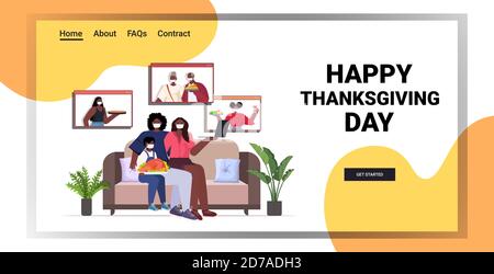 parents et enfants discutant avec les grands-parents pendant les appels vidéo de la famille célébration heureuse fête de thanksgiving communication en ligne auto-isolation concept horizontal illustration vectorielle pleine longueur de l'espace de copie Illustration de Vecteur