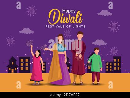 Illustration vectorielle de la famille hindoue célébrant sur un fond de vacances indien heureux de Diwali. Illustration de Vecteur