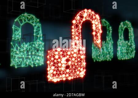 Concept de sécurité informatique. Cadenas symbolisant la protection des données dans le réseau et les ordinateurs personnels. Supports mixtes. Banque D'Images