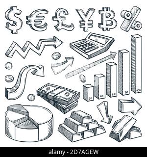 Icônes de monnaie, d'argent, de graphique financier et de diagramme d'affaires isolées sur fond blanc. Illustrations d'esquisse vectorielles dessinées à la main. Investissement et finan Illustration de Vecteur