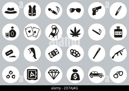 Gangster Lifestyle Icons Black & White Flat Design Circle Set Grande Illustration de Vecteur