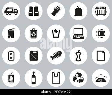 Garbageman Icons Black & White Flat Design Circle Set Big Illustration de Vecteur