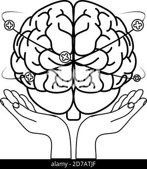 mains soulevant le cerveau humain avec des symboles de pluss autour de la santé mentale illustration care vector Illustration de Vecteur