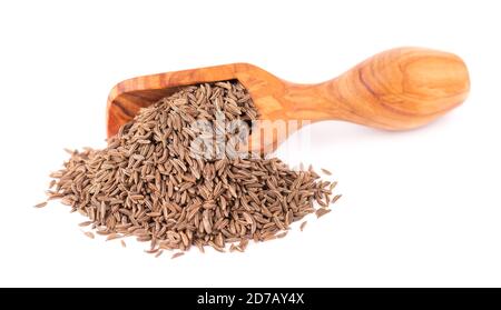 Graines de cumin dans une cuillère en bois, isolées sur fond blanc. Graines de cumin ou carvi. Banque D'Images