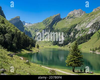 Lac Seealpsee, chaîne de montagnes Alpstein près de Wasserauen, pic du Mont Säntis dans le dos, Appenzell, Suisse Banque D'Images