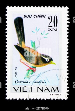 MOSCOU, RUSSIE - 26 NOVEMBRE 2017 : un timbre imprimé au Vietnam montre le chinois Hwamei (Garrulax canorus), série d'oiseaux chanteurs, vers 1978 Banque D'Images