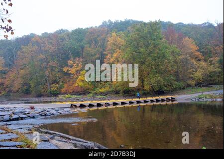 Newtown, États-Unis. 21 octobre 2020. Une personne marche au-dessus d'un pont à travers le feuillage d'automne coloré pendant une matinée brumeuse au pont de Neshaminy Creek, le mercredi 21 octobre 2020, au Tyler State Park à Newtown, Pennsylvanie. Crédit : William Thomas Cain/Alay Live News Banque D'Images