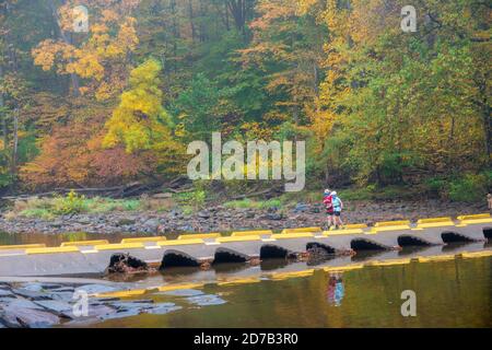 Newtown, États-Unis. 21 octobre 2020. Deux femmes traversent un pont à travers le feuillage d'automne coloré pendant une matinée brumeuse au pont de Neshaminy Creek, le mercredi 21 octobre 2020, au Tyler State Park, à Newtown, en Pennsylvanie. Crédit : William Thomas Cain/Alay Live News Banque D'Images