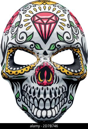 Masque d'Halloween représentant un crâne mexicain traditionnel avec un motif floral coloré. Illustration de Vecteur