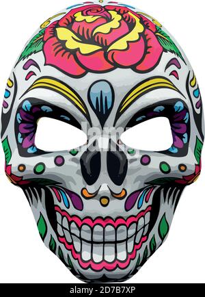 Masque d'Halloween représentant un crâne mexicain traditionnel avec un motif floral coloré. Illustration de Vecteur