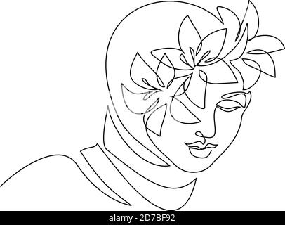 Jeune femme heureuse dans hijab avec des fleurs sur son visage. Mise en plan continue d'une ligne. Illustration vectorielle Illustration de Vecteur